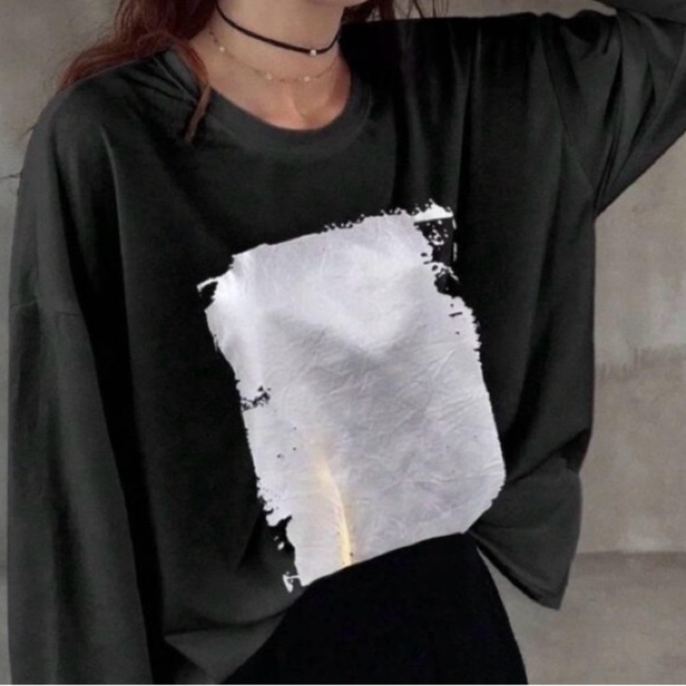 Black Acid Wash Long-Sleeve Foil Sweatshirt, Medium, Cotton, Oversized, NWT